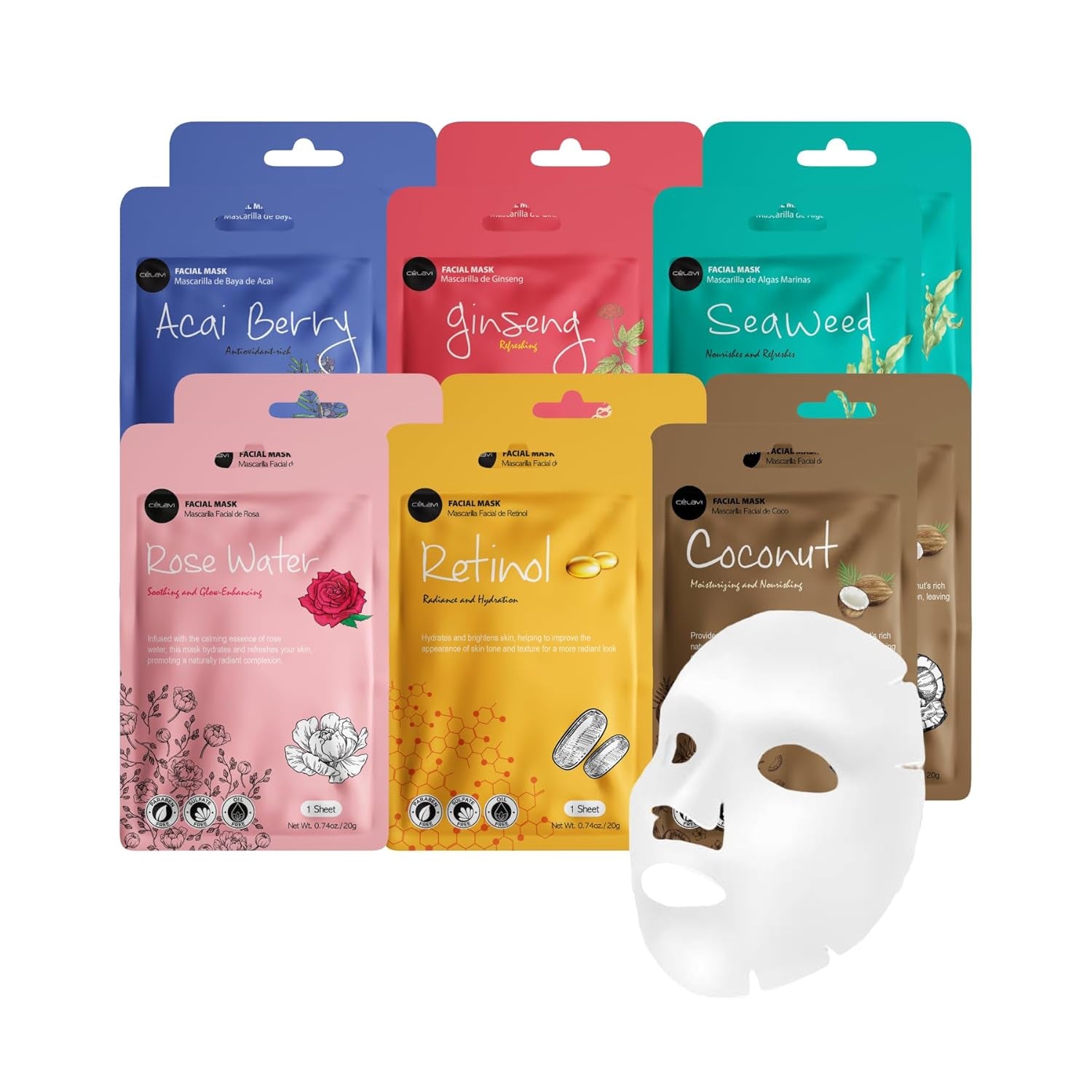 Essence Facial Sheet Masks - Korean Skin Care Moisturizing 12-Pack (Assorted - 2 of Each Variant)