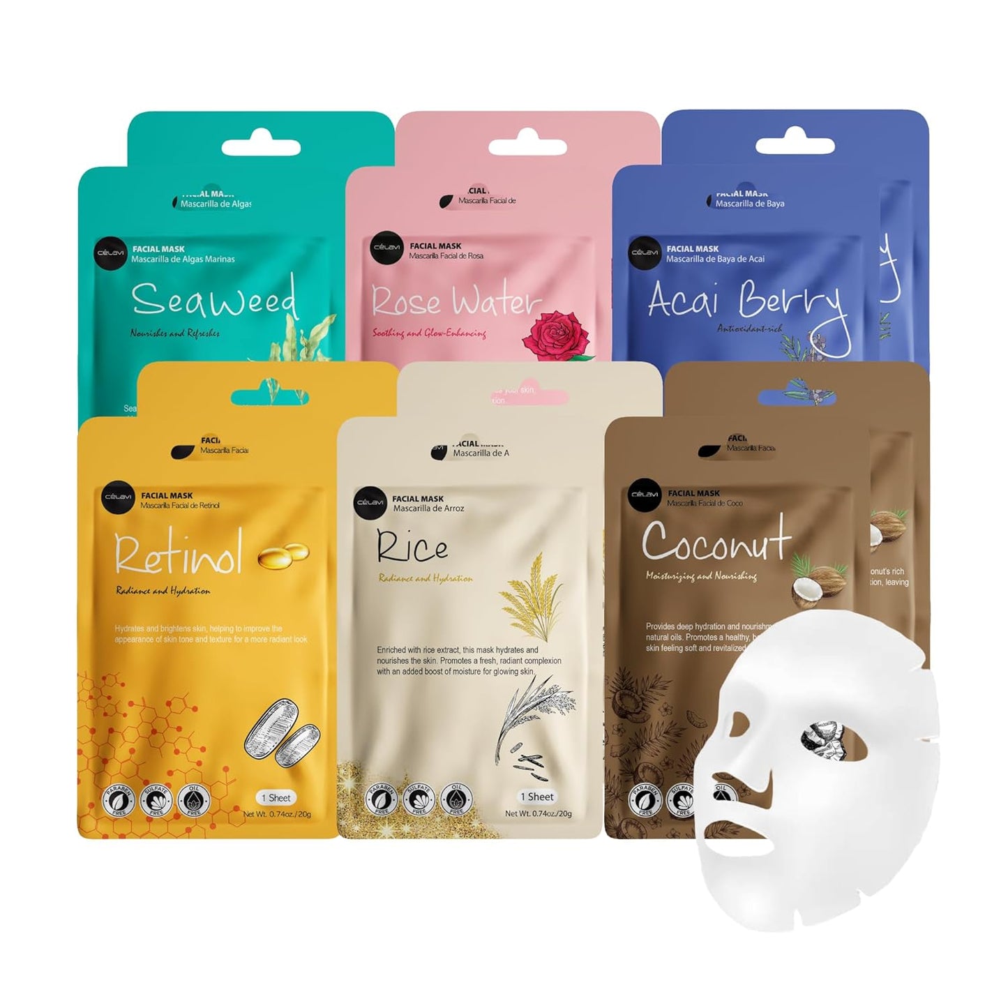 Essence Facial Sheet Masks - Korean Skin Care Moisturizing 12-Pack (Assorted - 2 of Each Variant)